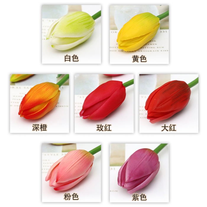 꽃의 색상은 화이트와 옐로우, 오렌지, 레드, 딥레드, 핑크, 퍼플  총 일곱가지 색상으로 준비되어있습니다. <중국구매대행 추천 튤립 조화 꽃>